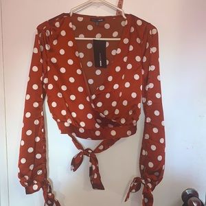Burnt orange, white polka dot satin blouse